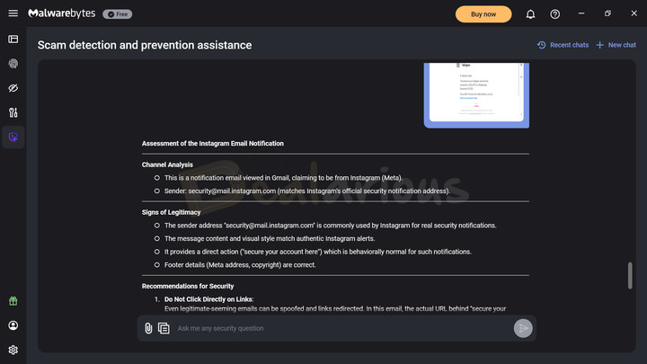 Malwarebytes Scam Guard Malwarebytes Scam Guard analyzing an Instagram email and providing security recommendations.