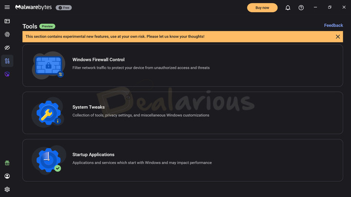Malwarebytes Tools Section Malwarebytes Tools panel displaying Windows Firewall Control, System Tweaks, and Startup Applications options.