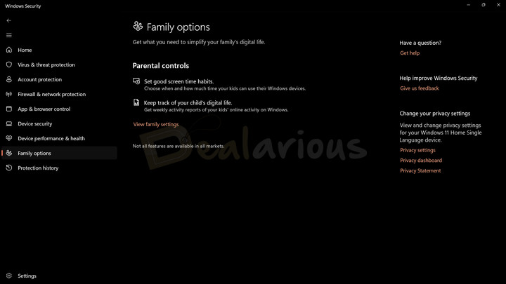 Windows Defender Family Options Windows Defender Family options with parental controls in Windows Security.