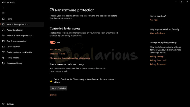 Windows Defender Ransomware Protection Windows Defender Ransomware Protection window showing Controlled Folder Access enabled and one drive set up for ransomware data recovery.