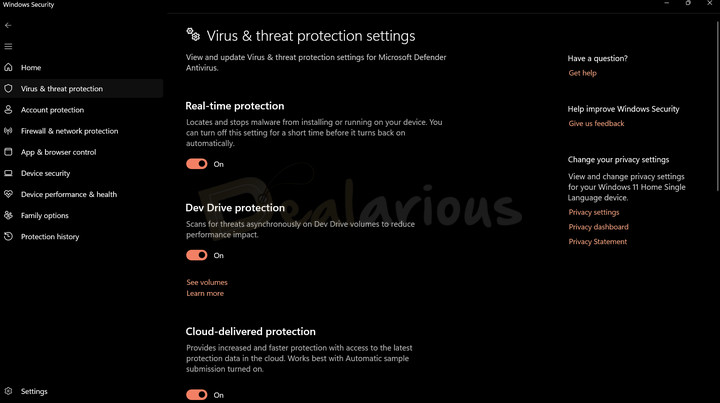 Windows Defender Real-Time Protection Windows Defender virus and threat protection settings showing real-time protection enabled.
