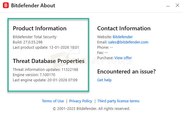 bitdefender version and build check Bitdefender About window showing Total Security build version and threat database update details.