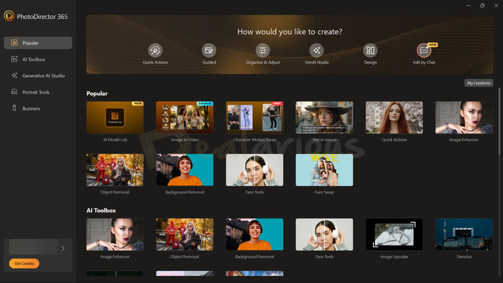 CyberLink PhotoDirector Dashboard CyberLink PhotoDirector dashboard showing AI tools like image enhancer, background removal, and face tools.