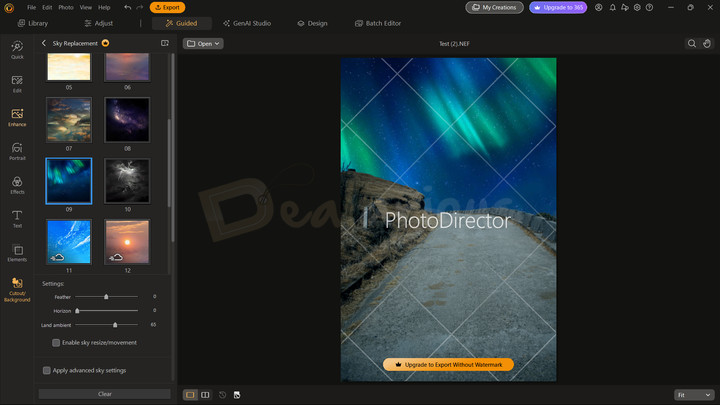 CyberLink PhotoDirector Sky Replacement CyberLink PhotoDirector sky replacement tool with aurora sky preview and editing controls.