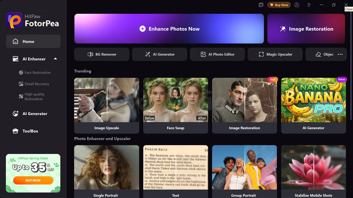 HitPaw FotorPea Dashboard HitPaw FotorPea dashboard displaying AI-driven tools such as Image Upscale, Face Swap, Image Restoration and AI Generator.