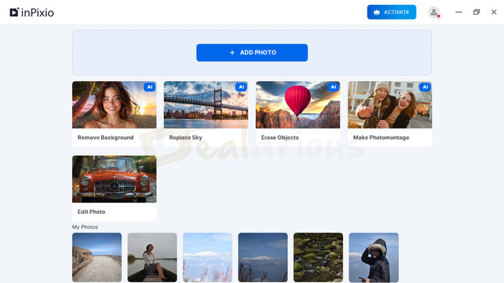 InPixio Photo Studio Dashboard InPixio PhotoStudio dashboard showing an “Add Photo” button at the top, followed by five quick-start cards.