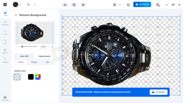 InPixio Photo Studio remove background The Remove Background feature in InPixio Photo Studio removes the background from the main subject, leaving a transparent background.