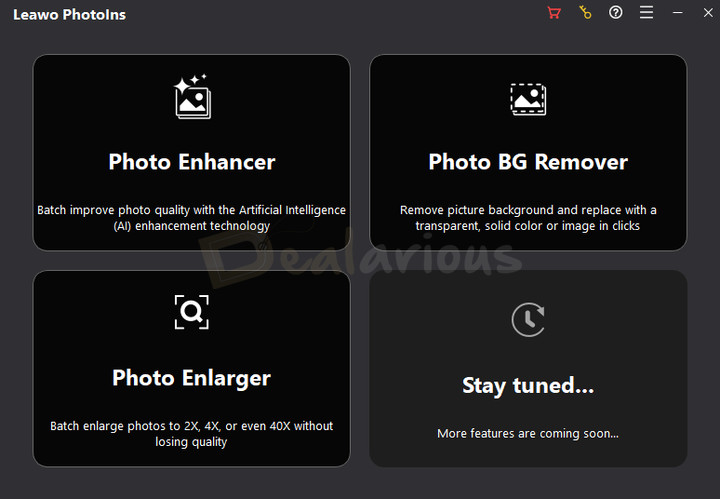 Leawo Photoins Main Dashboard Leawo PhotoIns main panel displaying quick-start cards like Photo Enhancer, Photo BG Remover and Photo Enlarger.