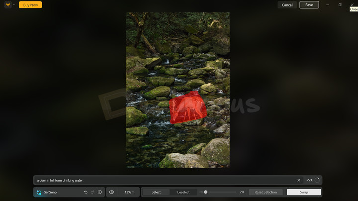 Luminar Neo GenSwap Luminar Neo GenSwap tool replacing an object with a deer using AI.