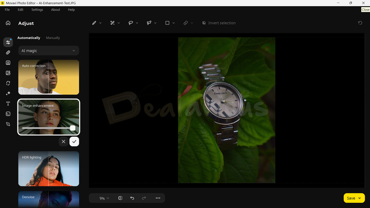 Movavi Photo Editor AI Image Enhancement Movavi Photo Editor Adjust panel showing AI presets with Image Enhancement applied.