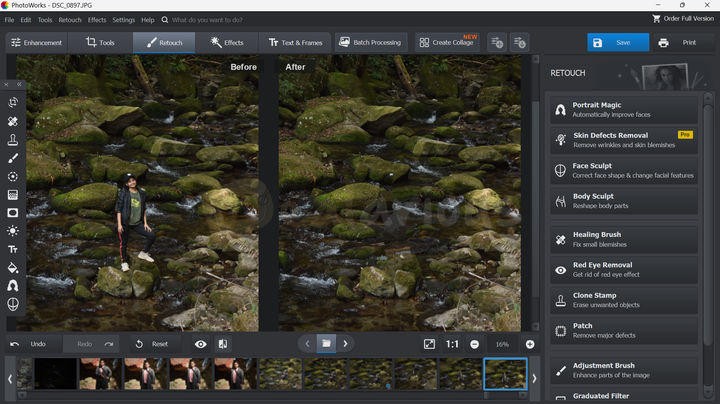 PhotoWorks Healing Brush Object Removal A before-and-after comparison in PhotoWorks showing a person removed from the main frame after applying the Healing Brush tool.