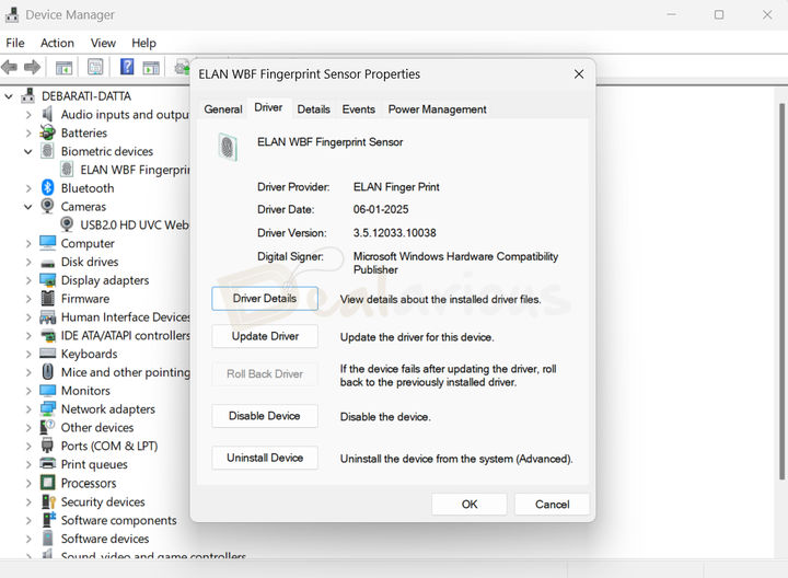 Windows 11 Device Manager Driver Properties Windows 11 Device Manager window displaying properties for selected driver.