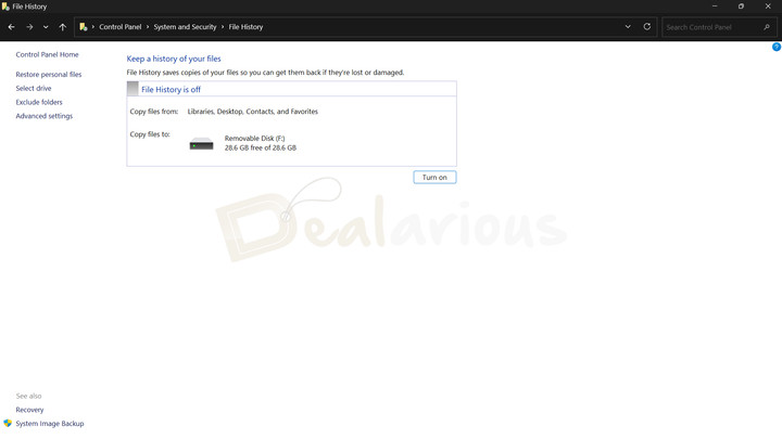 Windows 11 File History Backup Settings Windows 11 File History settings showing backup drive selected with File History turned off.