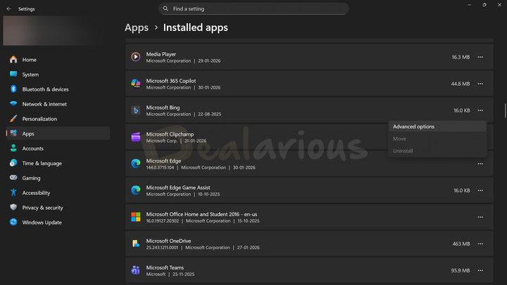 Windows 11 Installed Apps Manage Background Apps Windows 11 Installed Apps list with options for Advanced options, modify, and uninstall.
