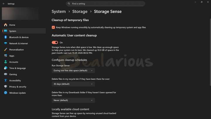 Windows 11 Storage Sense Windows 11 Storage Sense settings screen showing automatic cleanup and scheduling options.