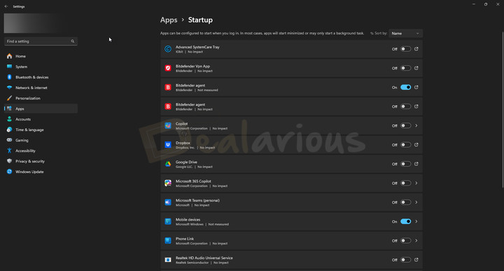 Windows Startup Apps Settings Windows 11 Startup Apps settings showing enabled and disabled startup programs.