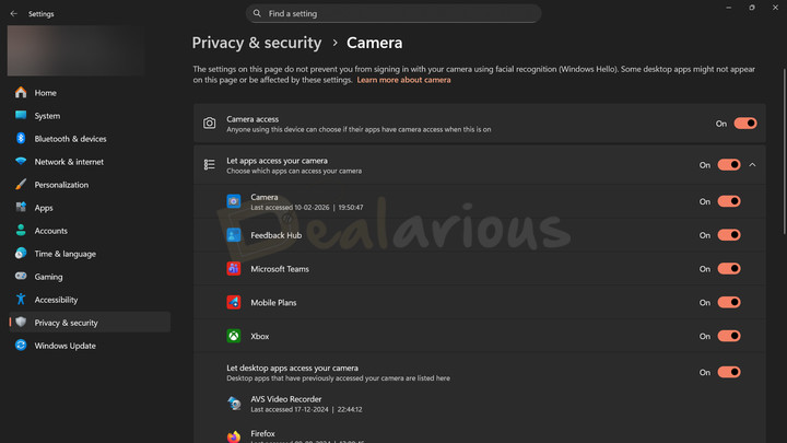 Windows-camera-privacy-settings-app-permissions Windows Privacy & Security Camera settings displaying app-level camera access controls.