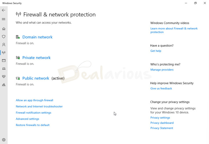 Windows-firewall-network-protection-enabled Windows Defender Firewall enabled under Firewall and Network Protection settings.
