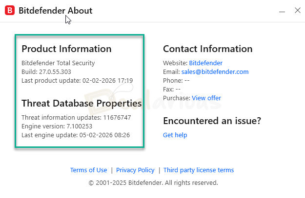 bitdefender version and build check Bitdefender About window showing Total Security build version and threat database update details.