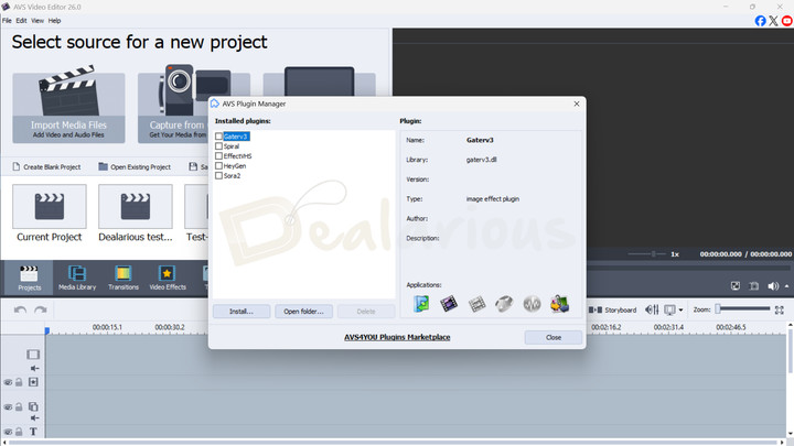 AVS Video Editor Plugin Manager AVS Video Editor Plugin Manager showing installed plugins within the AVS Video Editor interface.