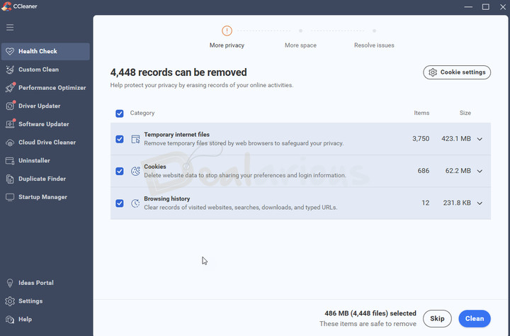 CCleaner-7-Health-Check CCleaner 7 Health Check tab showing scan analysis results with options to remove cookies, browsing history, and temporary internet files.