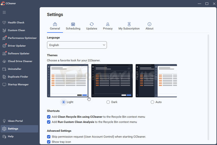 CCleaner Pro Settings The Settings section in CCleaner 7 with General, Scheduling, Updates, Privacy, My subscription and About tabs.