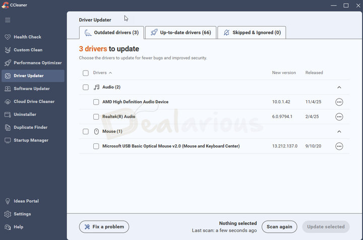 CCleaner Professional Driver Updater The Driver Updater feature in CCleaner showing outdated drivers, up-to-date drivers, skipped and ignored drivers.