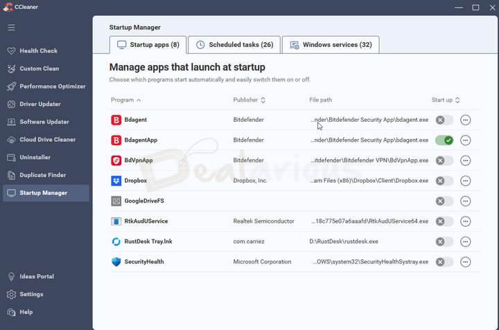 Startup Manager in CCleaner Pro CCleaner 7 Startup Manager window showing options to manage apps that launch automatically at Windows startup, including scheduled tasks and services.