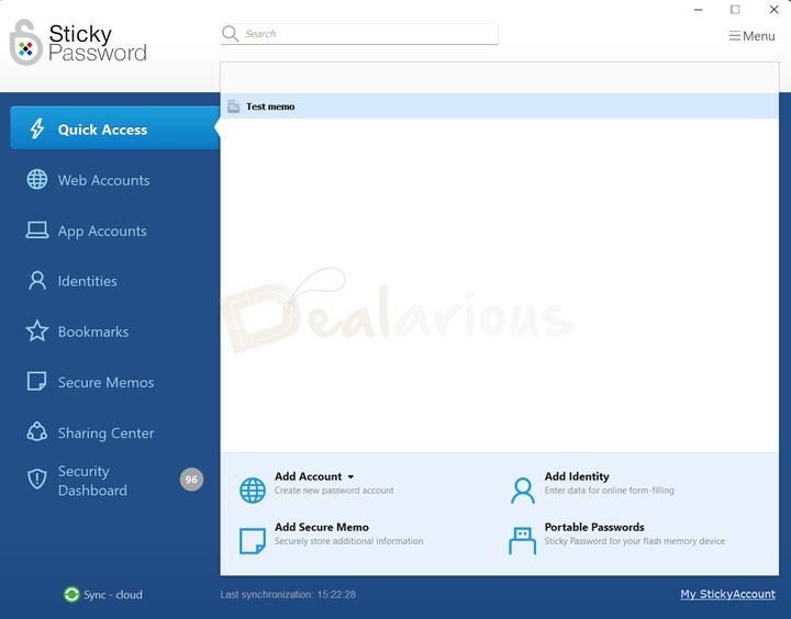 Sticky Password Interface Sticky Password desktop interface with Quick Access panel and options to add accounts and secure memos.