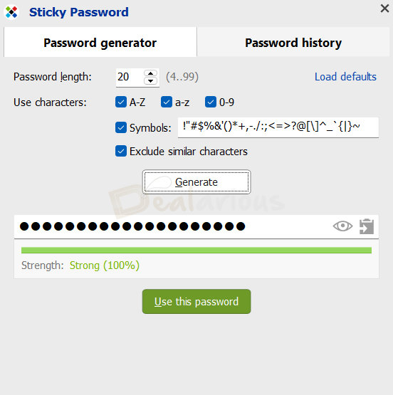 Sticky Password Premium Password Generator Sticky Password password generator creating a strong password.