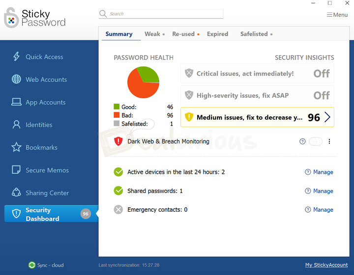 Sticky Password Security Dashboard Sticky Password security dashboard showing password health statistics and security insights.
