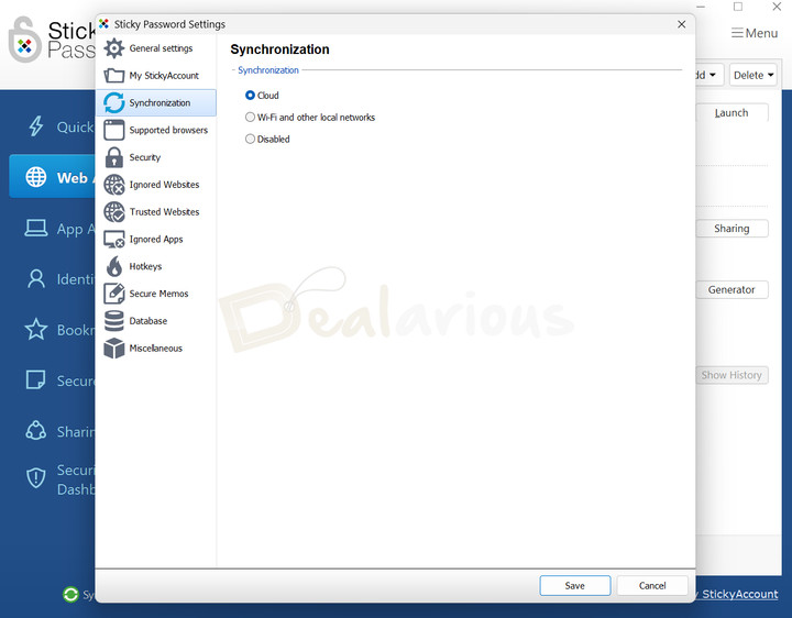 Sticky Password Synchronization Options Sticky Password Premium sync options including Cloud, Wi-Fi, and Disabled.