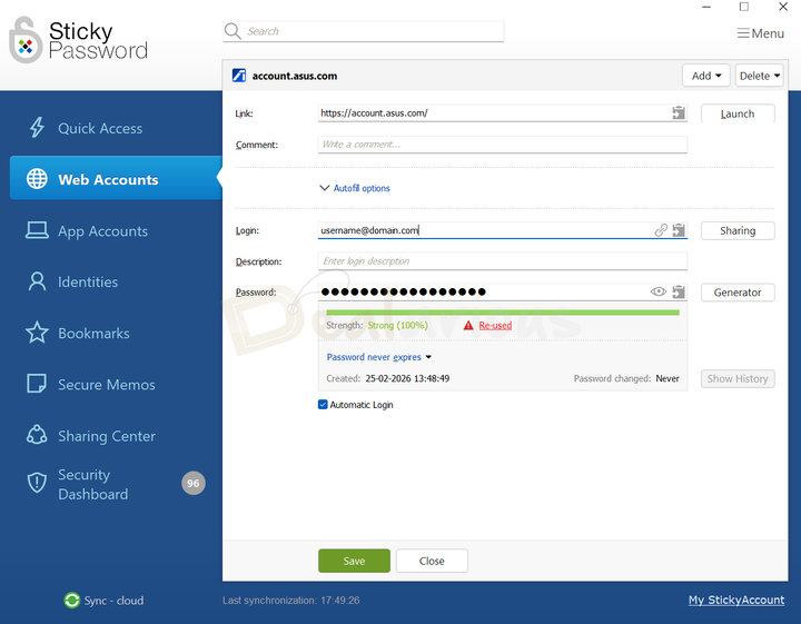 Sticky Password Web Accounts Autofill Sticky Password Web Accounts window showing saved login details with autofill and password strength indicator