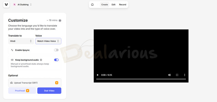 Veed AI Dubbing Settings Veed AI dubbing panel showing language selection, voice options, lip sync toggle, background audio control, and transcript upload.