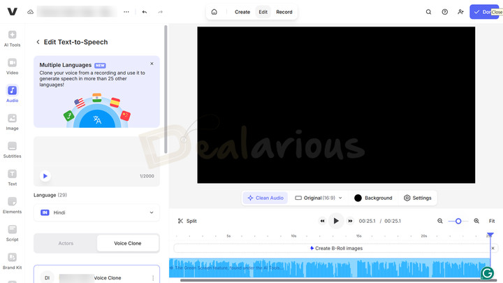 Veed AI Voice Cloning Text to Speech Veed AI text-to-speech panel with text input, language selection, and voice options.