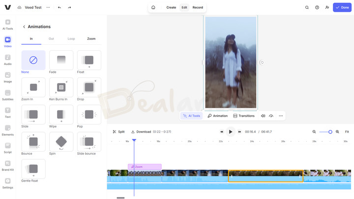 Veed Animation Options Animation panel displaying different animation options organized into four categories.