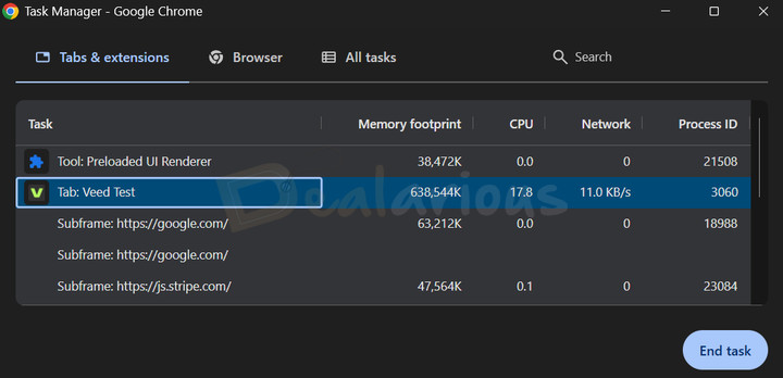 Veed CPU Usage During Export Chrome Task Manager showing CPU, memory, and network usage for a Veed tab during video export.