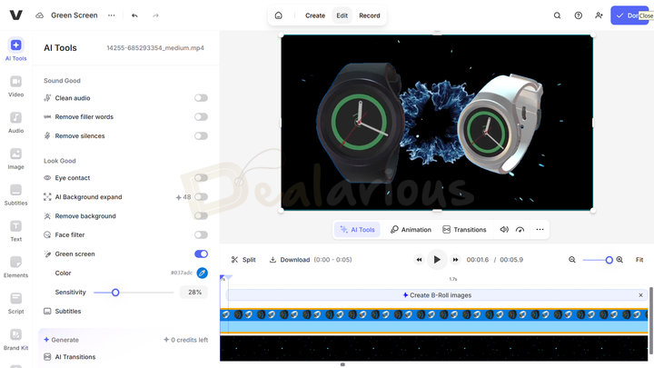 Veed Green Screen Background Removal Veed editor removing a blue screen background from a clip using the color picker tool, with sensitivity adjustment option to refine the result further.