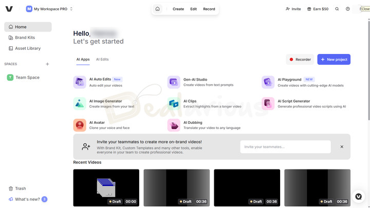 Veed Online Video Editor Dashboard Veed editing dashboard showing Home panel with Create, Edit, Record, AI apps, and recent videos.