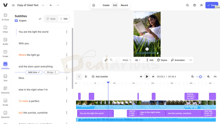 Veed Subtitle Editor Timeline Veed subtitles editor displaying generated subtitles in the left panel, with a preview of the subtitles added to the timeline on the right.