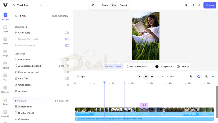 Veed Video Editing Window Veed video editor with AI tools panel (clean audio, eye contact, background removal), preview window, and timeline with clips.