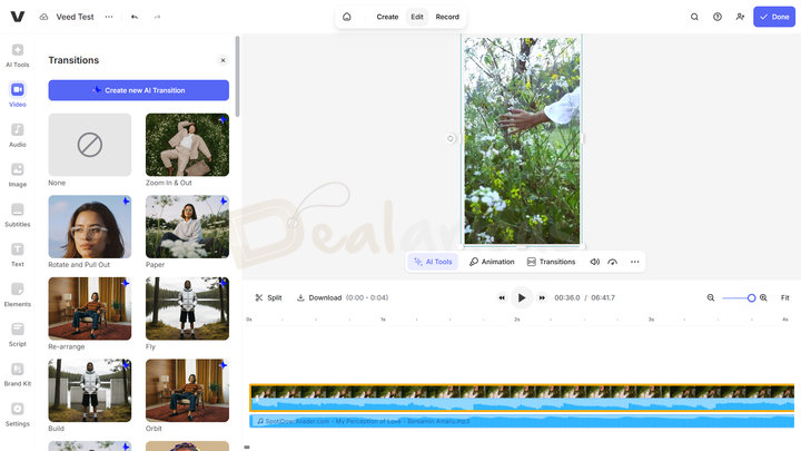 Veed Video Transition Panel Veed transitions panel showing multiple transition options, including AI transitions.