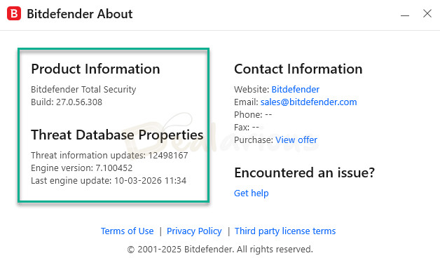bitdefender version and build check Bitdefender About window showing Total Security build version and threat database update details.