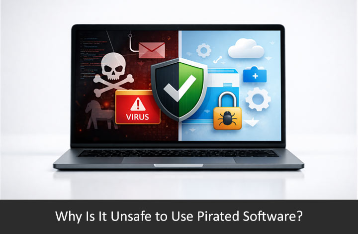 risks-of-using-pirated-software-featured-image Featured image showing a centered laptop with a split screen illustrating pirated software risks on one side and safe software use on the other.