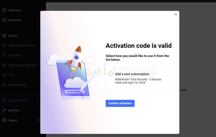 Adding-new-license-subscription-to-Bitdefender-Central Bitdefender Central activation code valid screen showing option to add a new subscription.