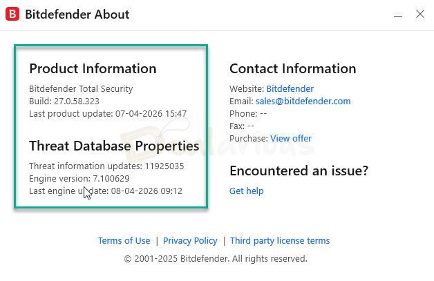 Bitdefender version and build check Bitdefender About window showing Total Security build version and threat database update details.