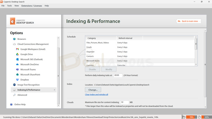 Copernic Desktop Search Indexing Schedule Indexing and & Performance panel allowing you to schedule a scan, change the index location, and add a maximum cloud content indexing limit.