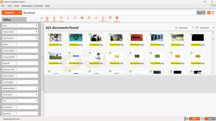 Copernic Desktop Search Interface Copernic Desktop Search dashboard with search bar at top, search results below, and search refinement options in the left panel.