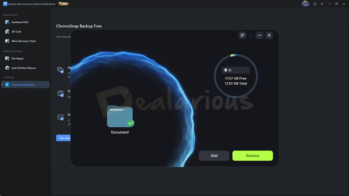 EaseUS chronosnap backup EaseUS Data Recovery Wizard Pro ChronoSnap backup and file version restore interface.