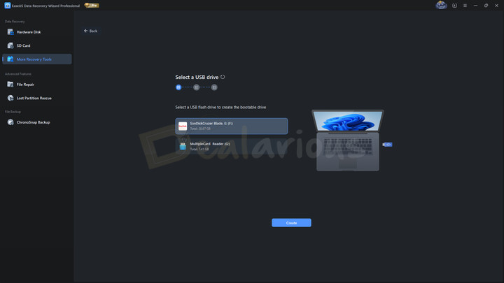 EaseUS data recovery bootable usb creation EaseUS Data Recovery Wizard Pro displaying bootable USB creation setup, allowing users to select a USB drive to create a recovery boot disk.